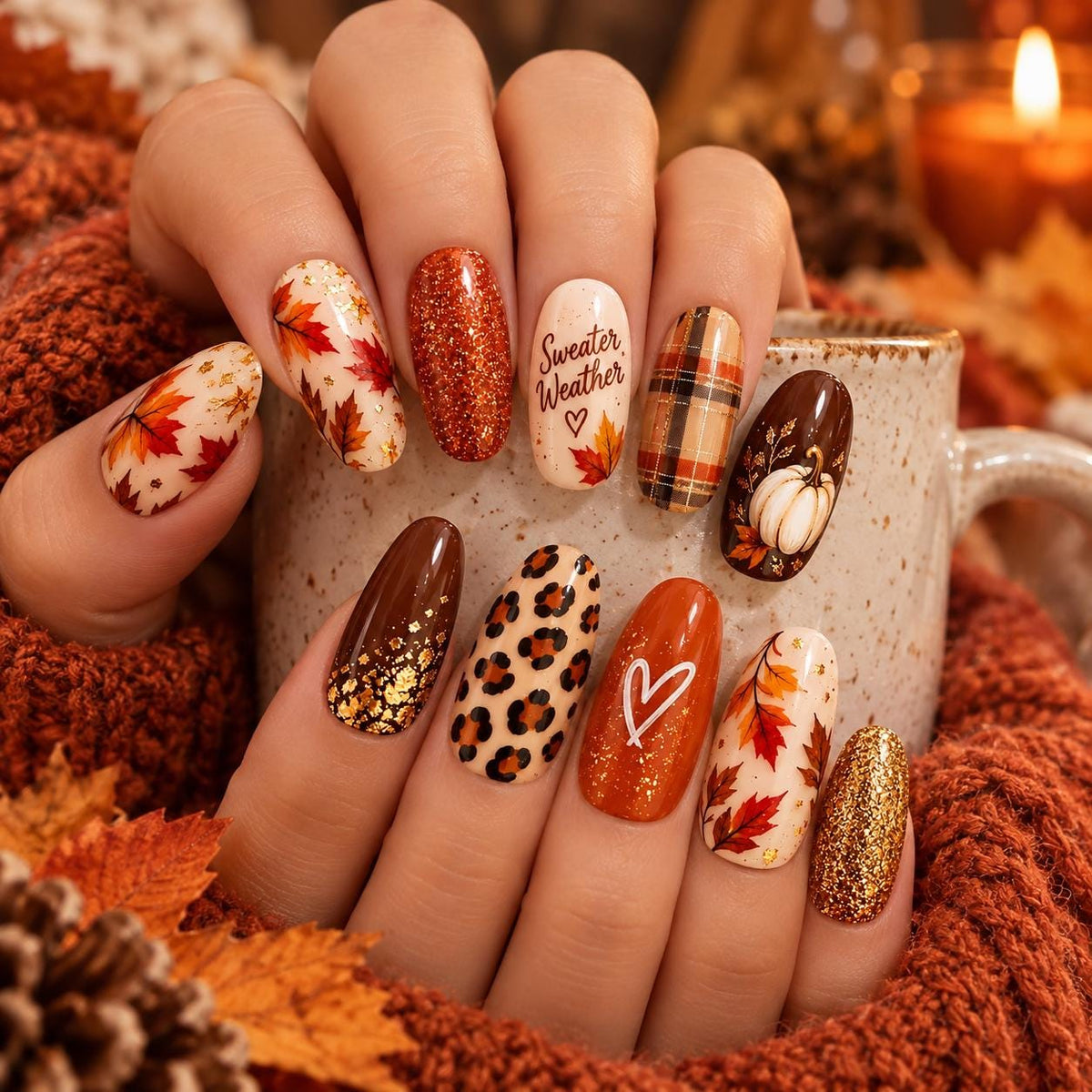 Autumn Pumpkin, Plaid, Leopard and Maple Leaf Press On Nail Set