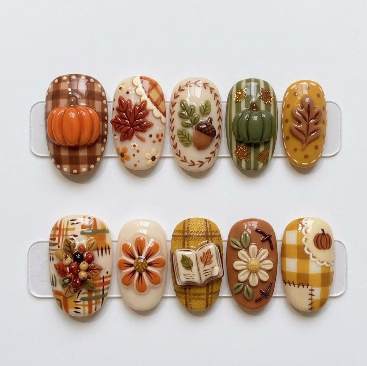 Autumn Pumpkin Press On Nails With 3D Leaves, Acorns, Flowers & Plaid
