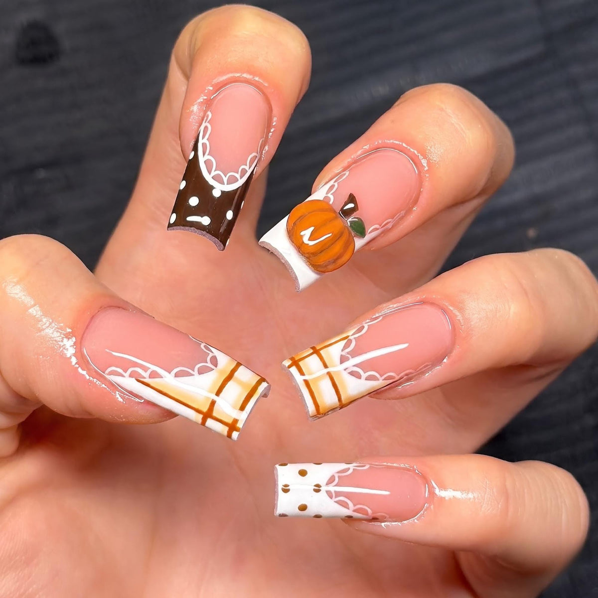 Autumn Pumpkin Press On Nails with Plaid French Tips and White Lace Details