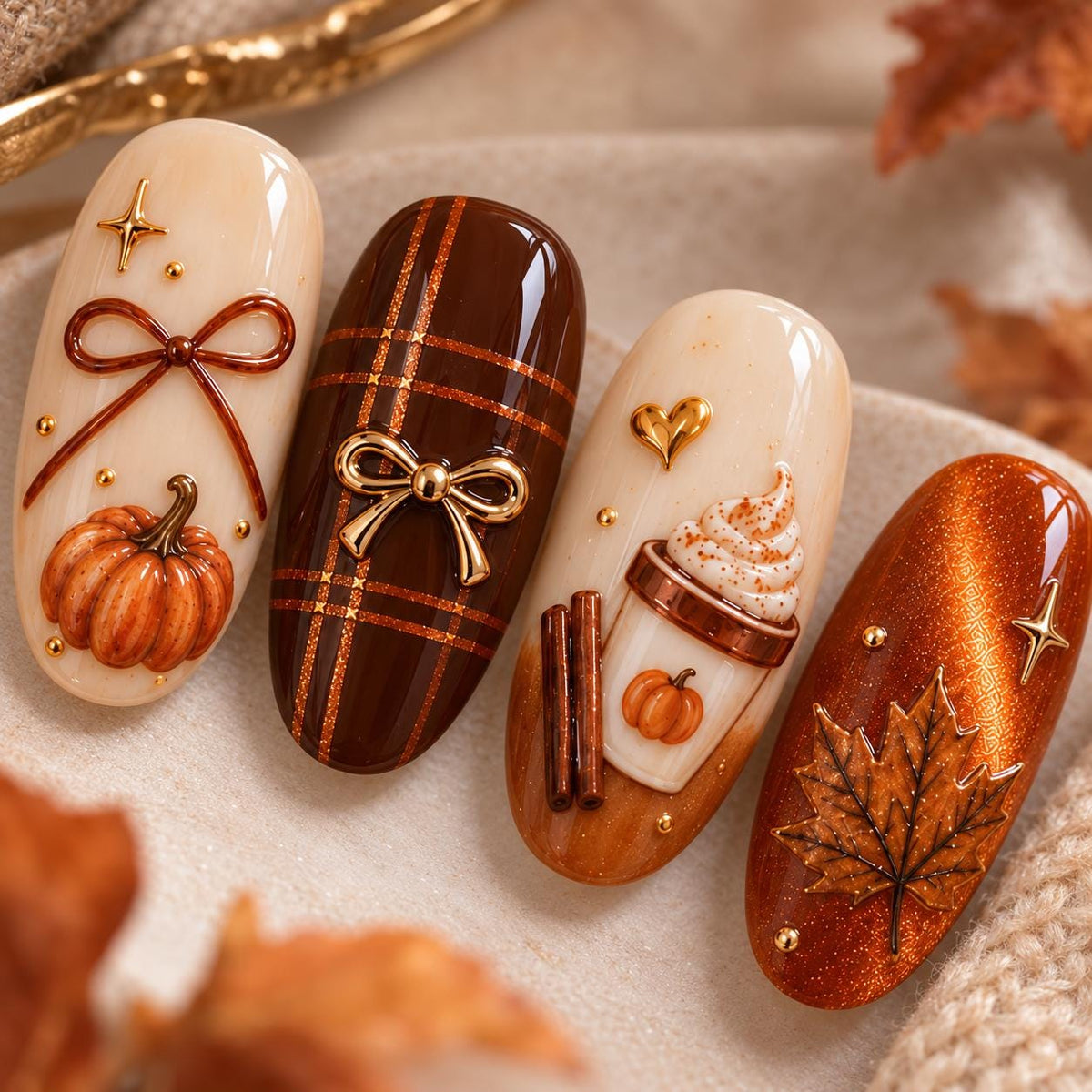 Autumn Pumpkin Spice Press-On Nails with Cat-Eye Accents, Plaid, and Fall Motifs
