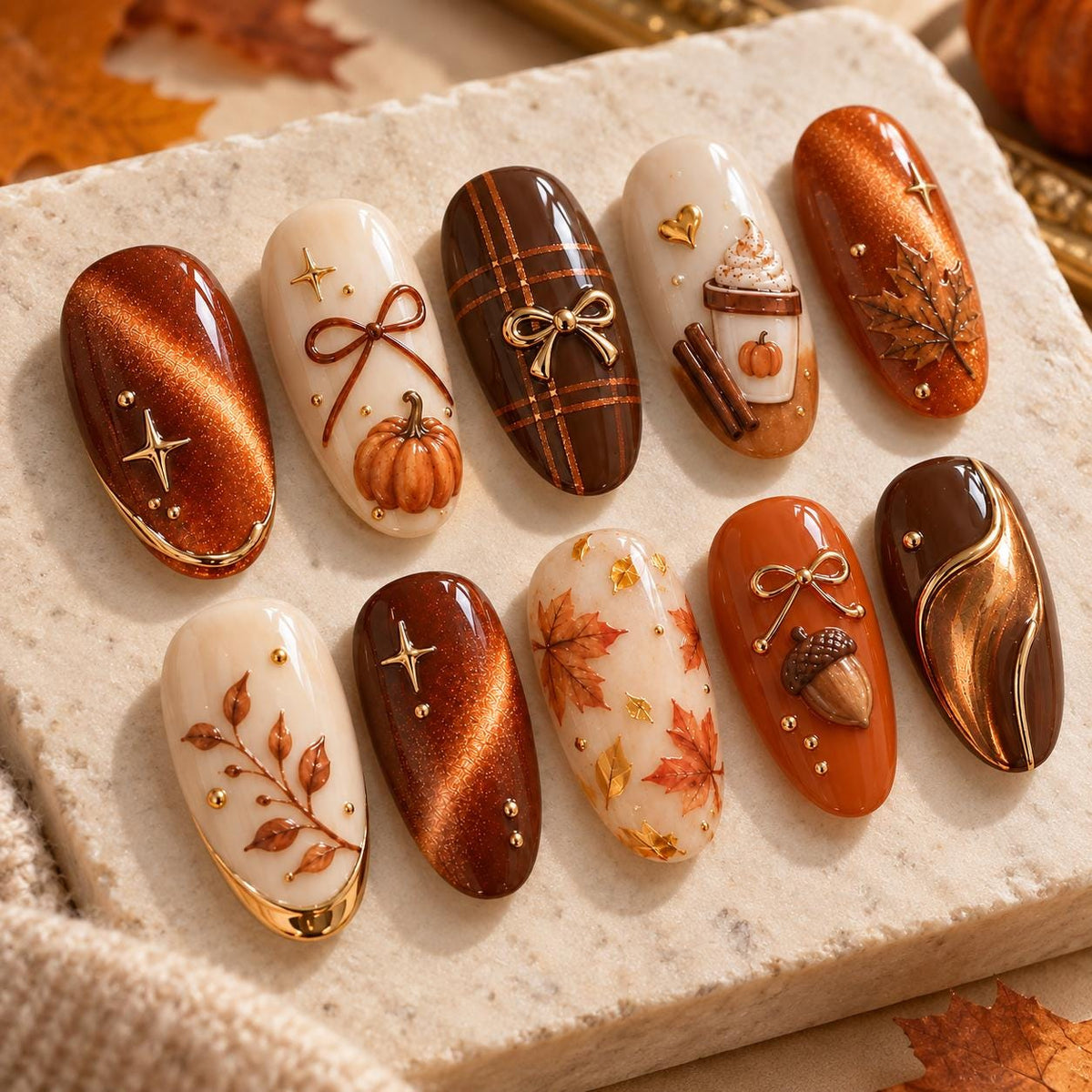 Autumn Pumpkin Spice Press-On Nails with Cat-Eye Accents, Plaid, and Fall Motifs
