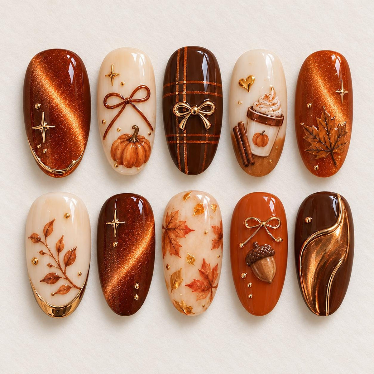 Autumn Pumpkin Spice Press-On Nails with Cat-Eye Accents, Plaid, and Fall Motifs