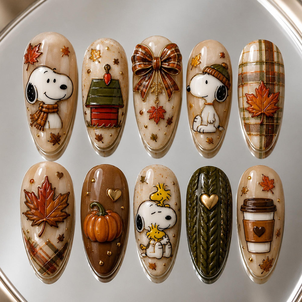 Autumn Snoopy and Woodstock Nail Set with Pumpkins, Plaid, and Maple Leaves