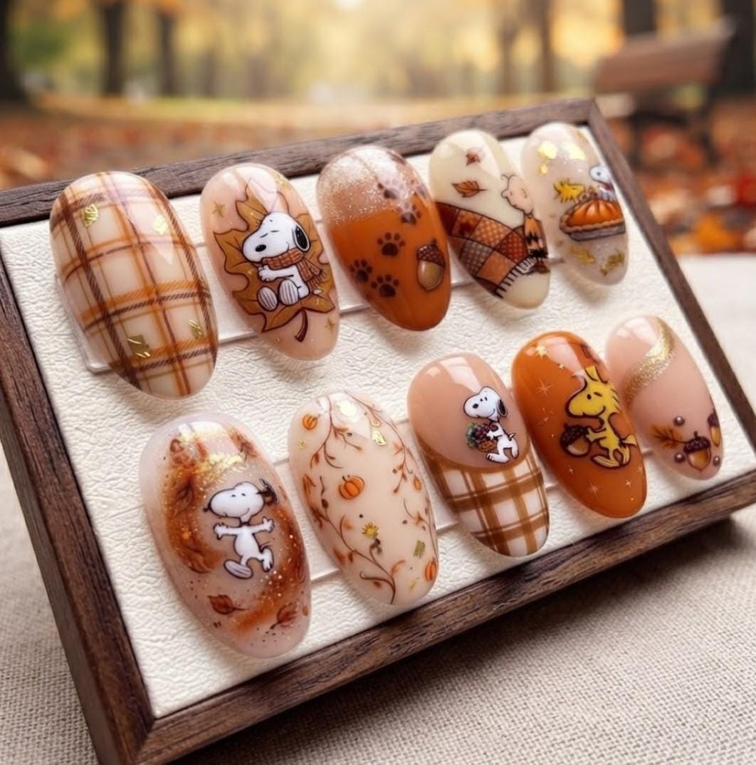 Autumn Snoopy and Woodstock Press On Nails with Plaid, Pumpkins, and Gold Accents
