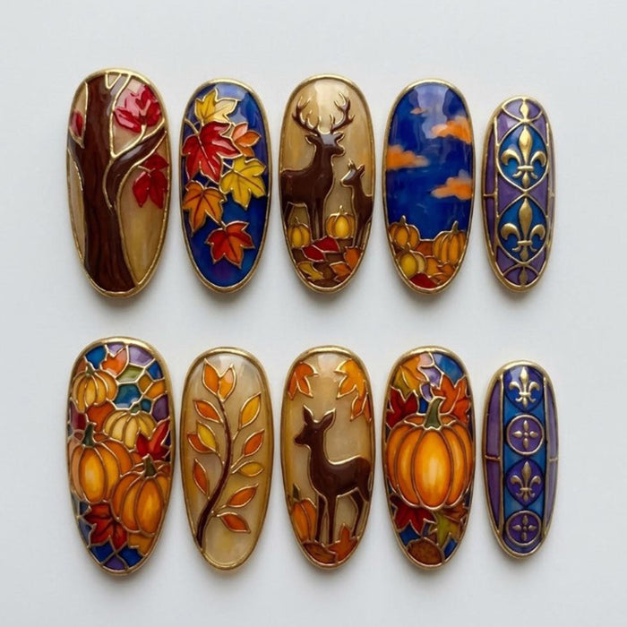 Autumn Stained Glass Press On Nails with Deer, Pumpkins and Maple Leaves