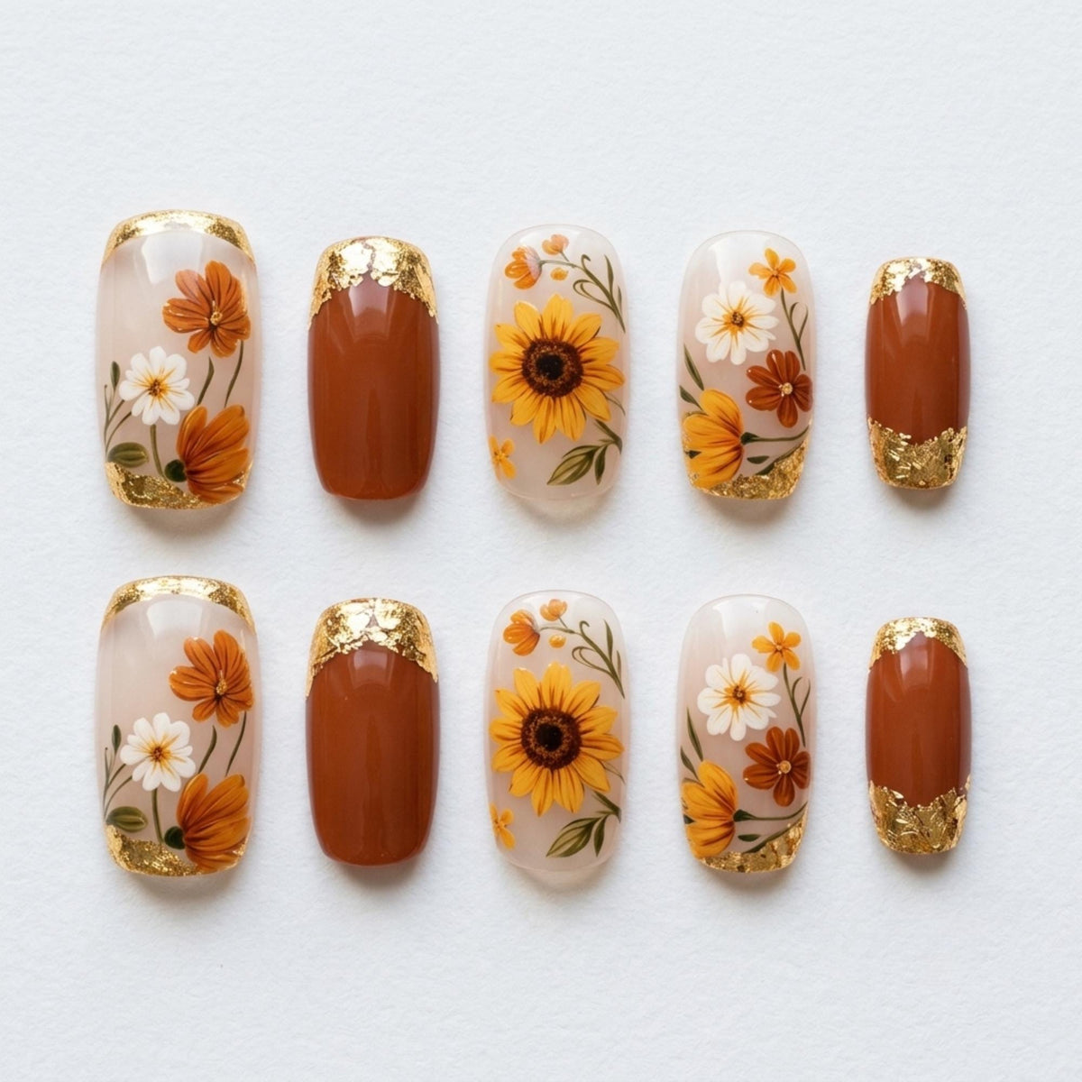 Autumn Sunflower and Wildflower Nails with Gold Foil