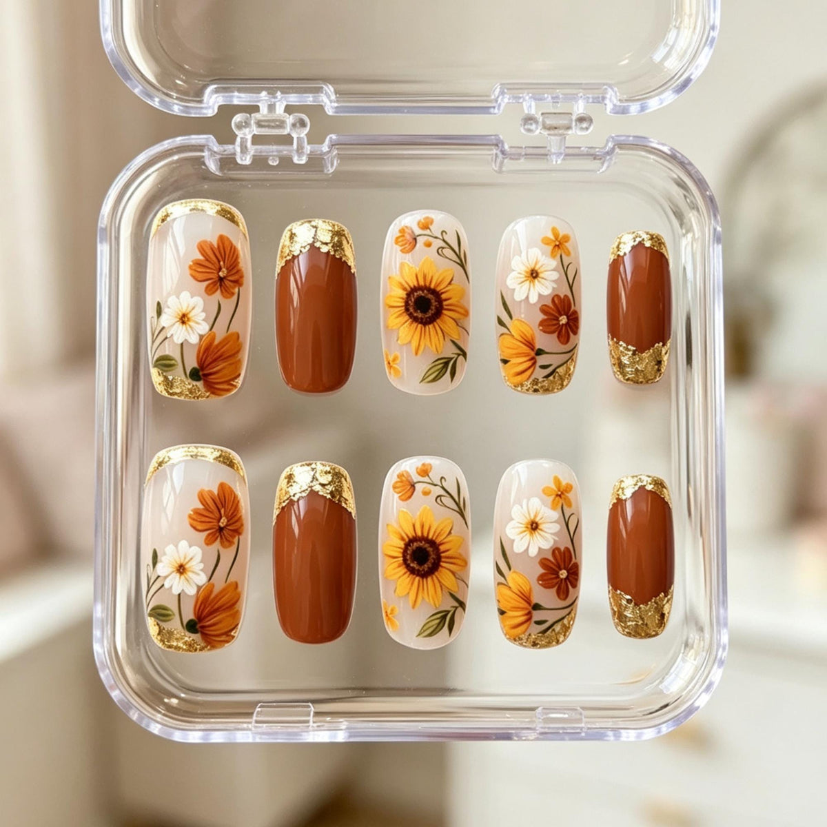 Autumn Sunflower and Wildflower Nails with Gold Foil