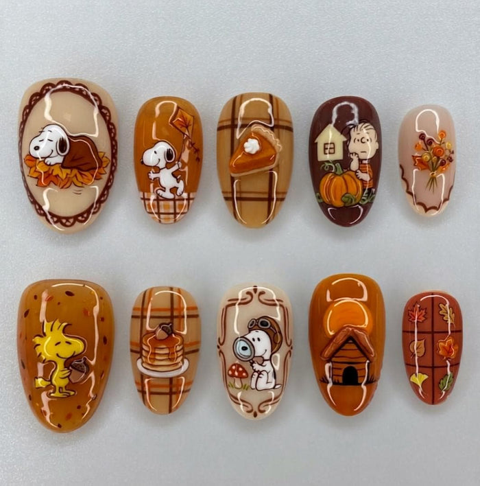 Autumn Thanksgiving Dog, Pumpkin, and Plaid Press-On Nail Set