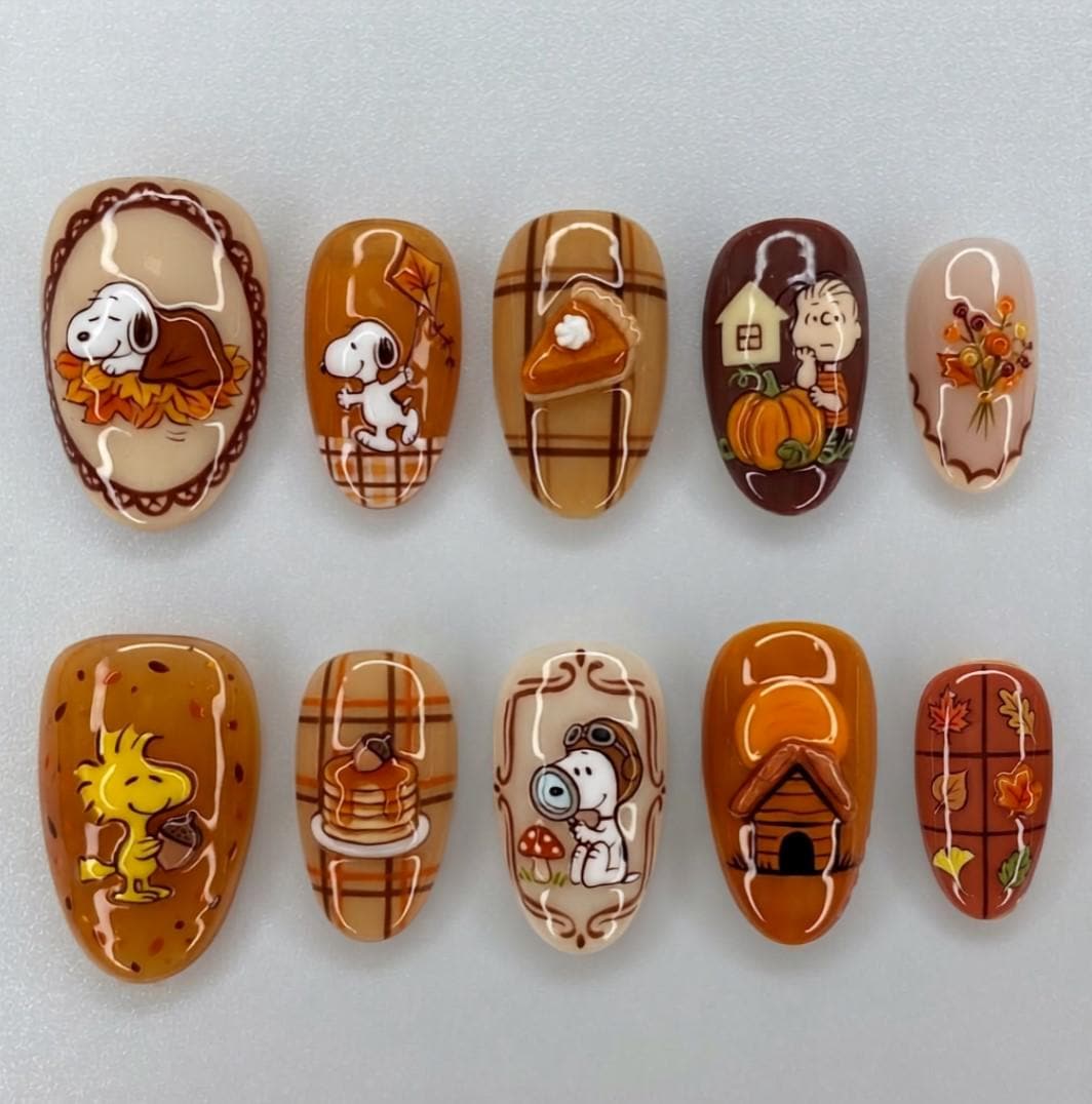 Autumn Thanksgiving Dog, Pumpkin, and Plaid Press-On Nail Set