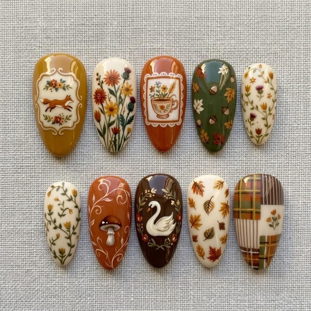 Autumn Thanksgiving Fox, Swan & Mushroom Nail Set With Plaid and Floral Details