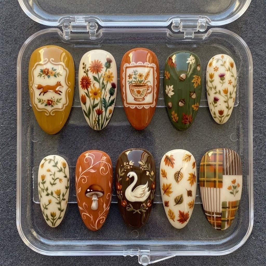 Autumn Thanksgiving Fox, Swan & Mushroom Nail Set With Plaid and Floral Details