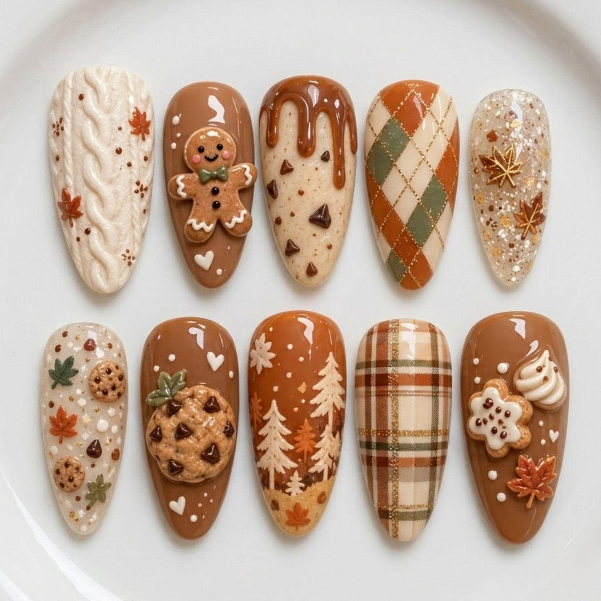 Autumn Thanksgiving Gingerbread Cookie Press On Nails With 3D Treats, Sweater Texture, Plaid and Argyle
