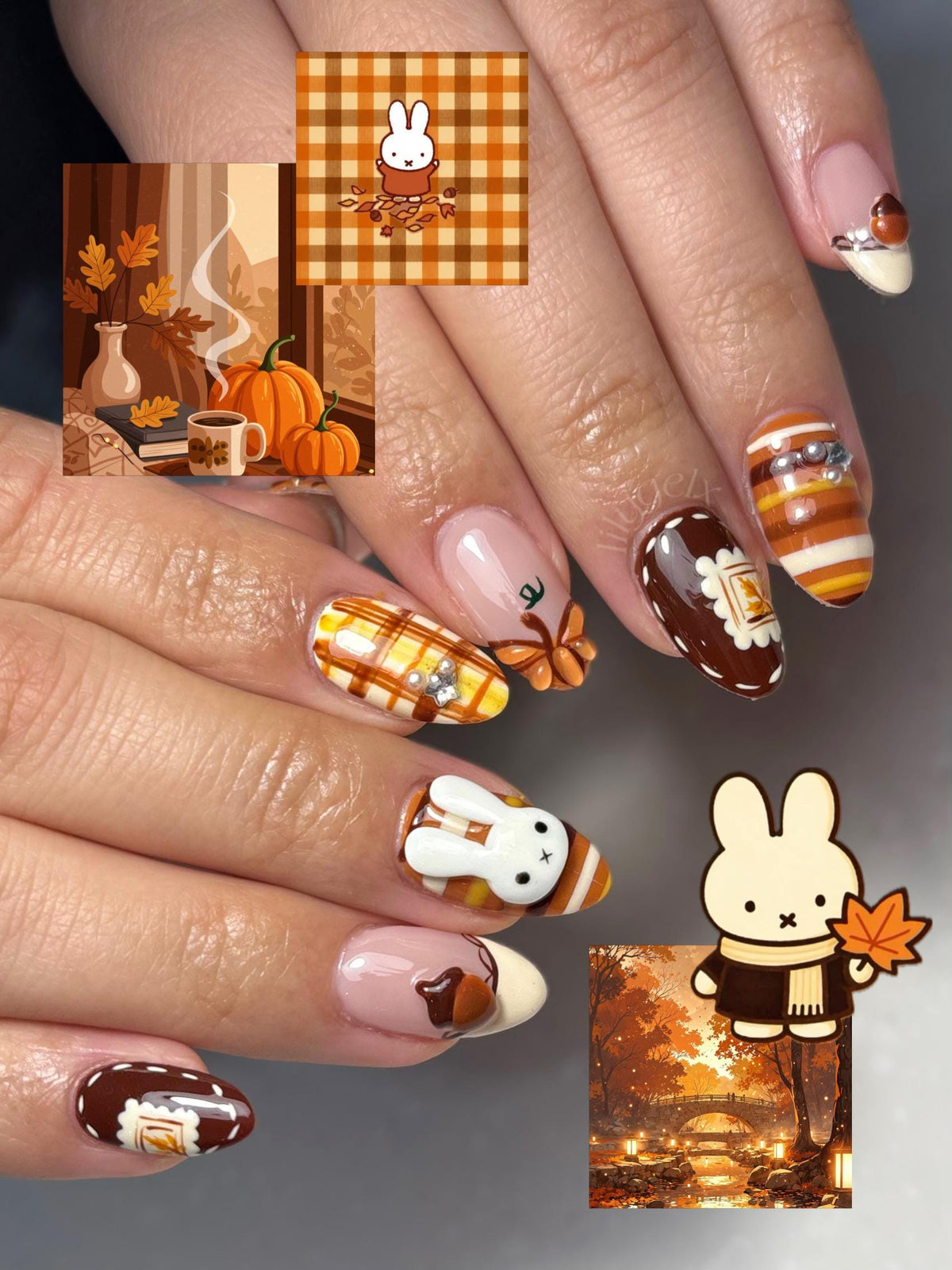 Autumn Thanksgiving Plaid Bunny Press On Nails with Raised Bow Details