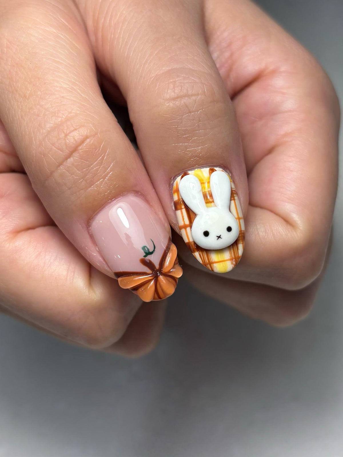 Autumn Thanksgiving Plaid Bunny Press On Nails with Raised Bow Details