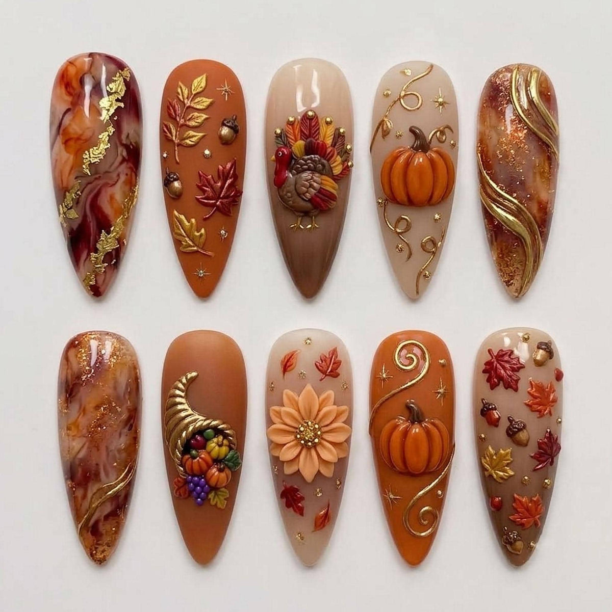 Autumn Thanksgiving Press On Nails with 3D Turkey, Pumpkins, Gold Swirls and Fall Leaves