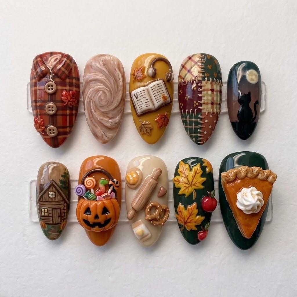 Autumn Thanksgiving Press On Nails with Plaid, Pumpkin, Cat, Fall Leaves and Pie Details