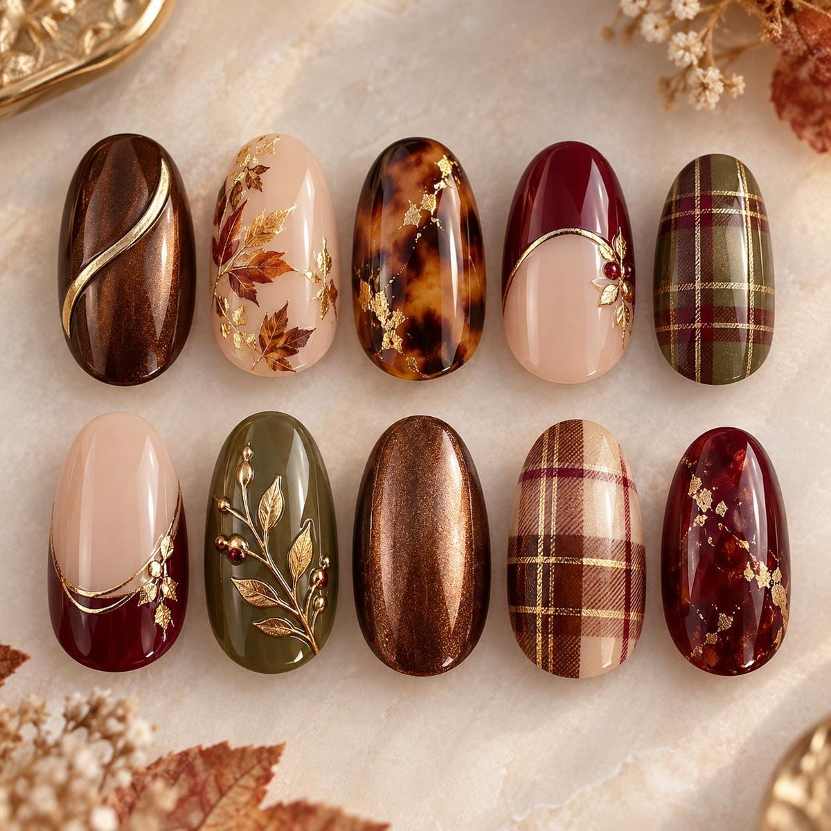 Autumn Tortoiseshell and Burgundy Plaid Nails with Metallic Leaf Details