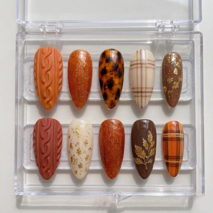 Autumn Tortoiseshell and Cable Knit Press On Nails with Orange Glitter, Plaid and Gold Leaf