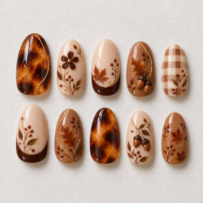 Autumn Tortoiseshell and Chocolate French Tip Press On Nails with Acorns and Maple Leaves