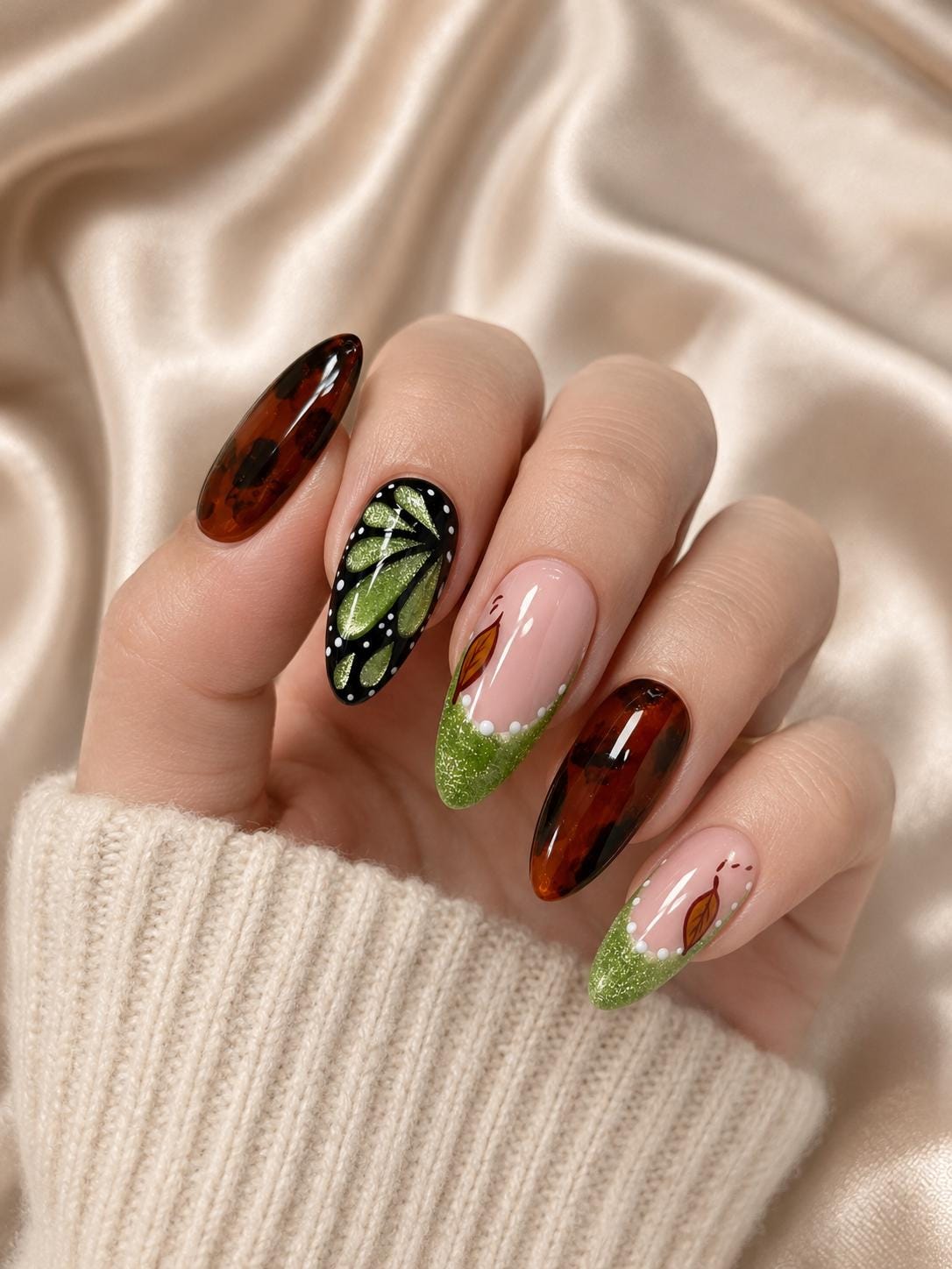 Autumn Tortoiseshell Butterfly Nails With Green Glitter French Tips