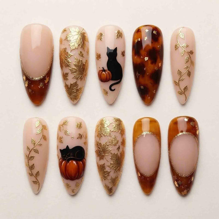 Autumn Tortoiseshell Cat and Pumpkin Press-On Nail Set With Gold Leaf