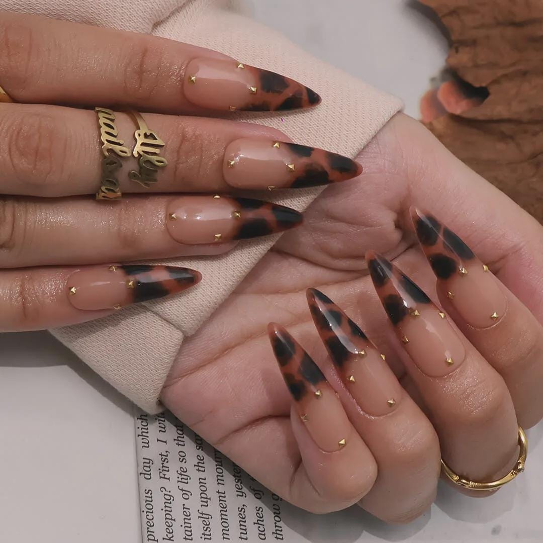 Autumn Tortoiseshell French Tip Nails With Gold Stud Accents