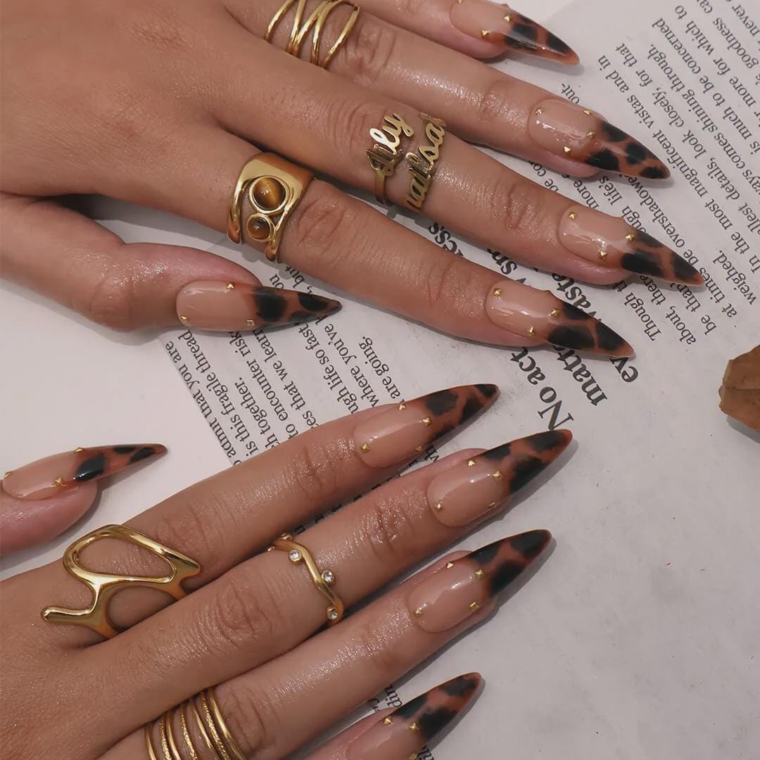 Autumn Tortoiseshell French Tip Nails With Gold Stud Accents