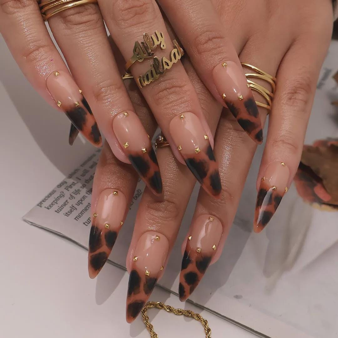 Autumn Tortoiseshell French Tip Nails With Gold Stud Accents