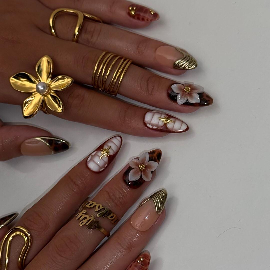 Autumn Tortoiseshell, Reptile-Scale & 3D Floral Gold Accent Nail Set