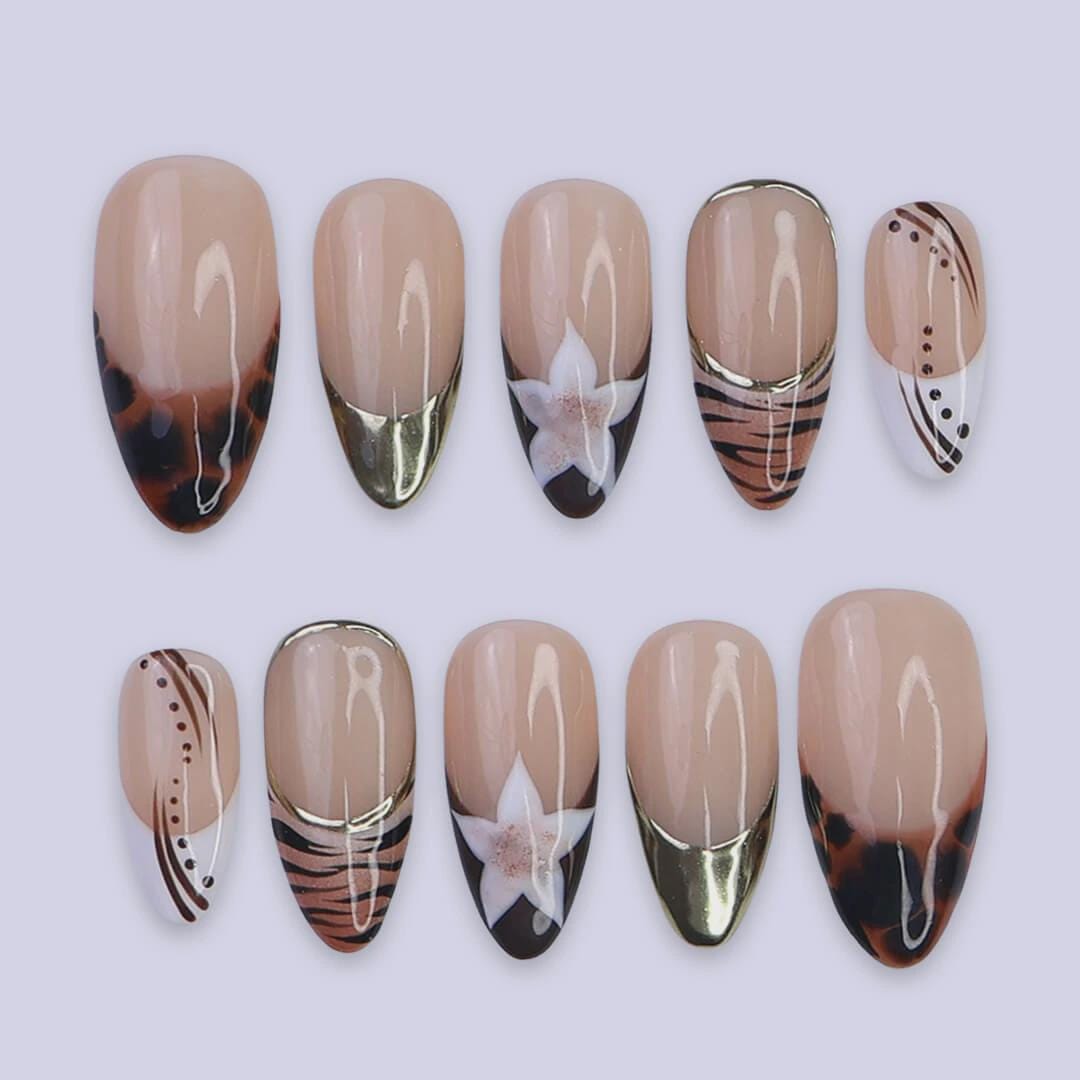 Autumn Tortoiseshell Tip Press-On Nails With Gold Accents and White Flowers