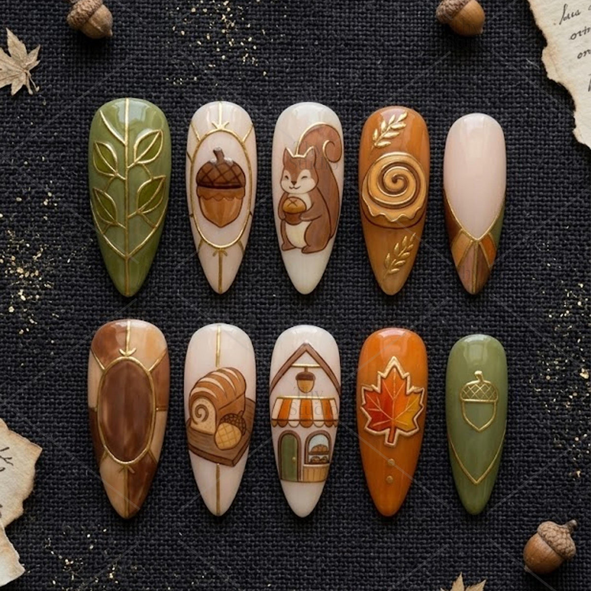 Autumn Woodland Bakery Nails with Squirrel, Acorns, Cinnamon Roll and Maple Leaf
