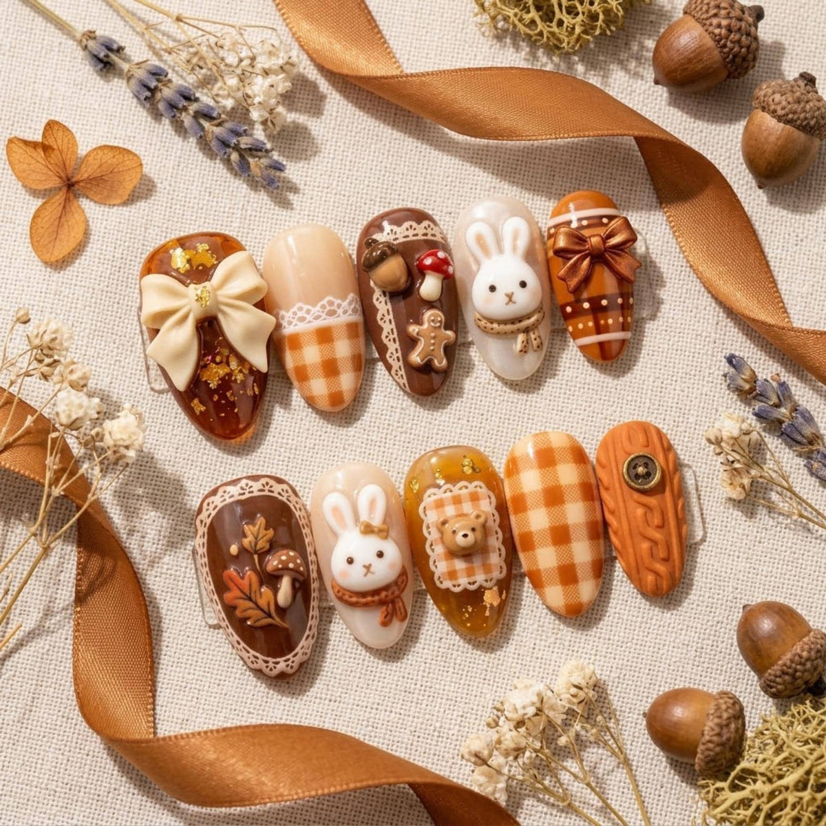 Autumn Woodland Bunny Press-On Nail Set With Gingham, Mushrooms, and 3D Bows