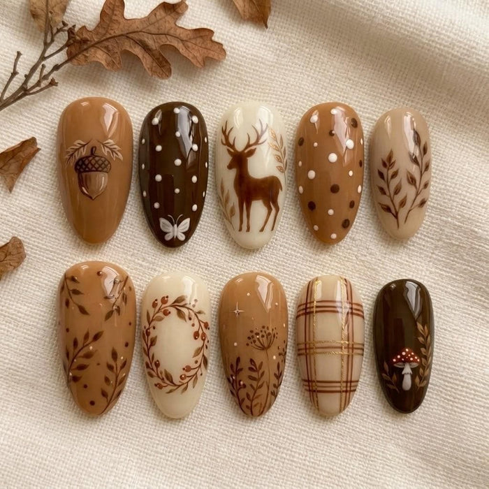 Autumn Woodland Deer, Acorn, Mushroom and Plaid Press On Nails