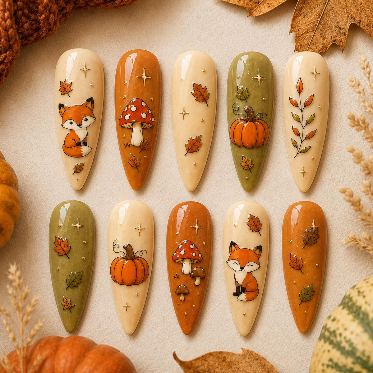 Autumn Woodland Fox, Mushroom and Pumpkin Nail Set