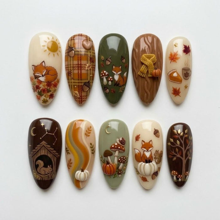 Autumn Woodland Fox, Mushroom, Pumpkin and Plaid Press On Nail Set