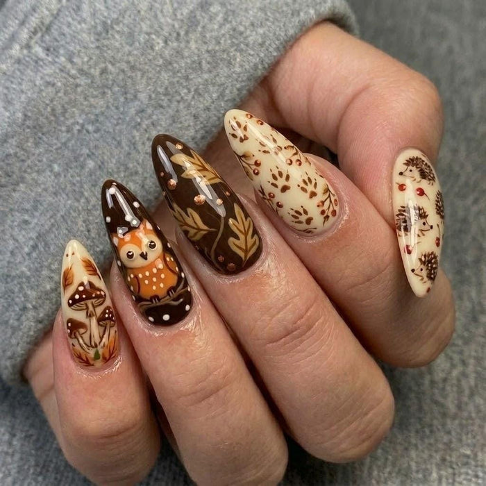 Autumn Woodland Owl and Mushroom Press On Nail Set in Cream and Brown