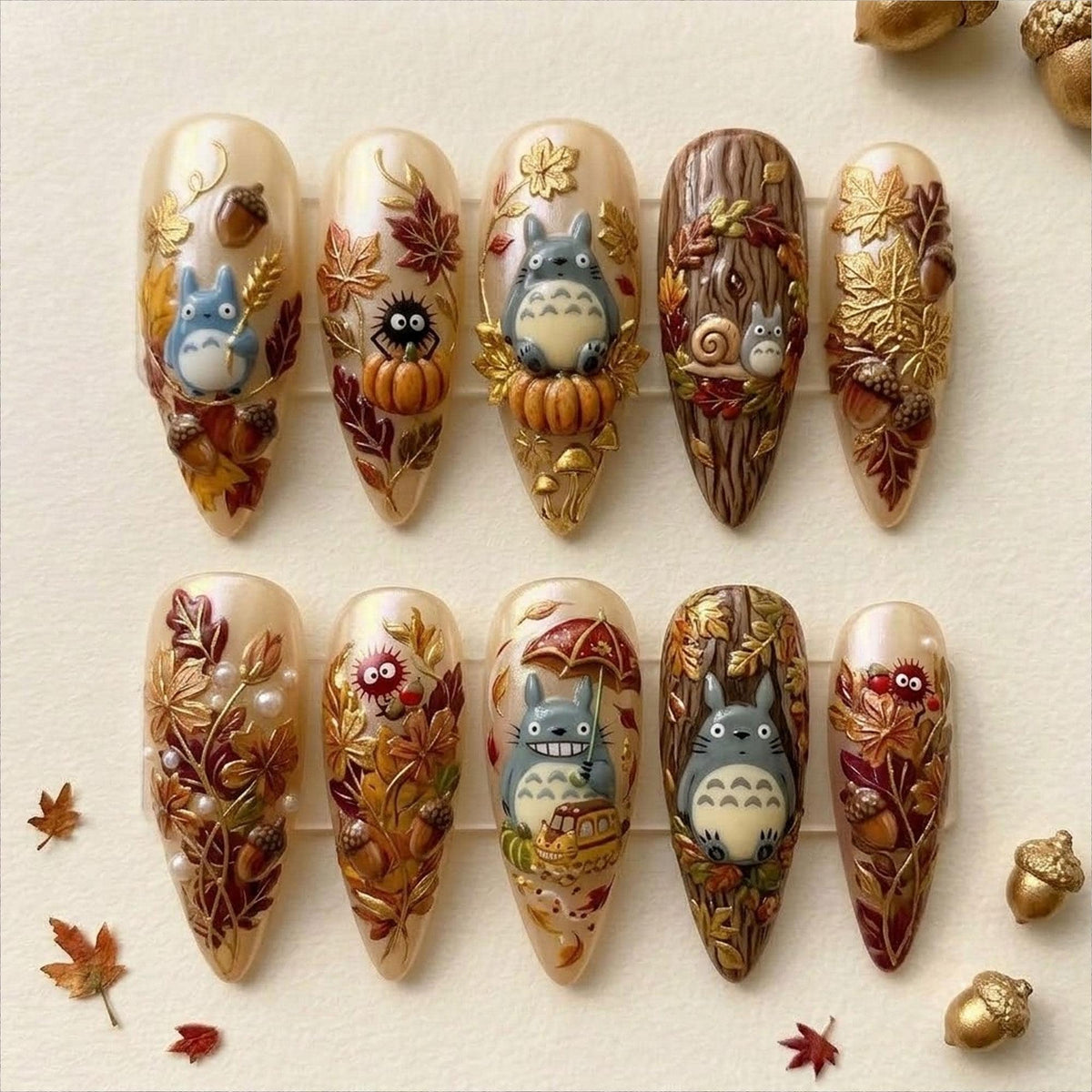 Autumn Woodland Press On Nails With 3D Forest Creatures, Pumpkins, and Leaves