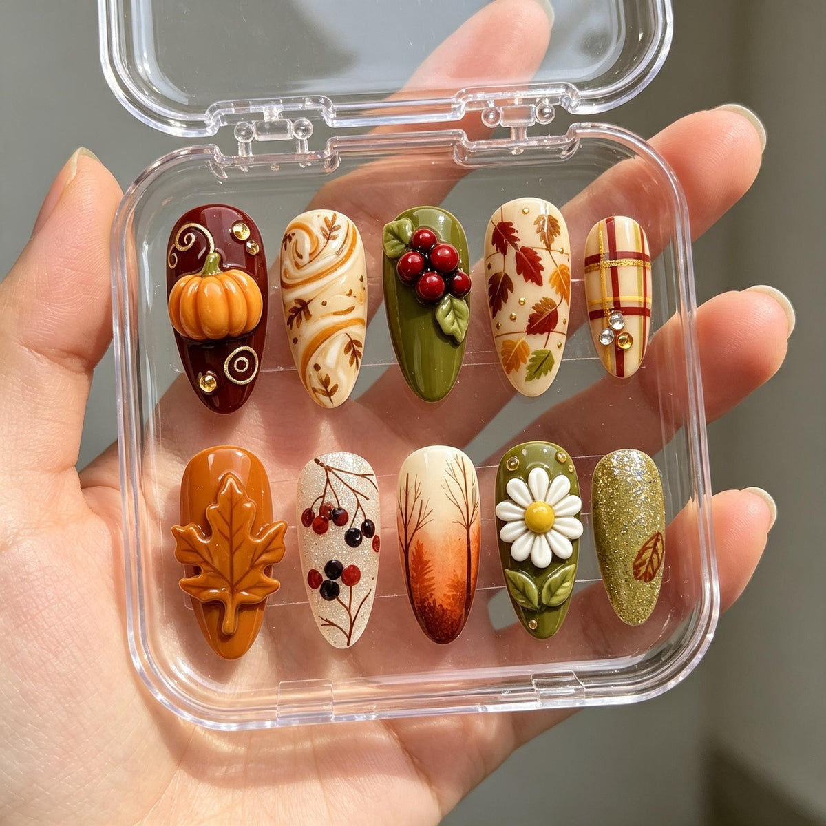 Autumn Woodland Press On Nails with 3D Pumpkin, Maple Leaf, Berries and Plaid
