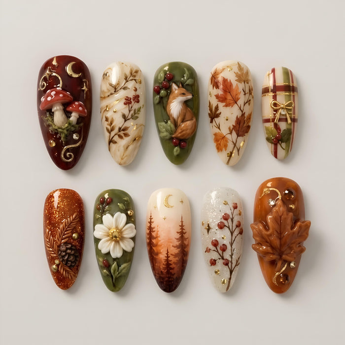 Autumn Woodland Press On Nails With Fox, Mushrooms, Leaves and Gold Accents