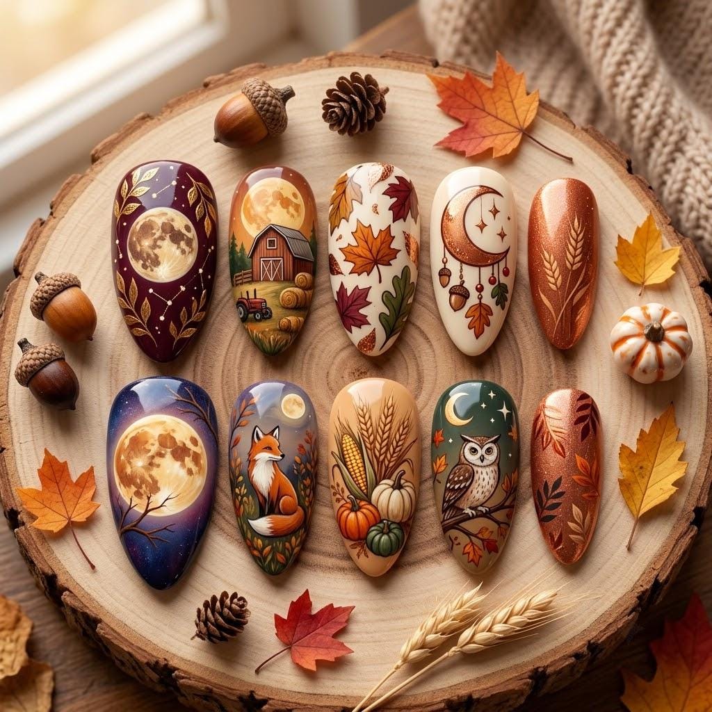 Autumn Woodland Press On Nails With Harvest Moons, Fox, Owl, and Fall Foliage