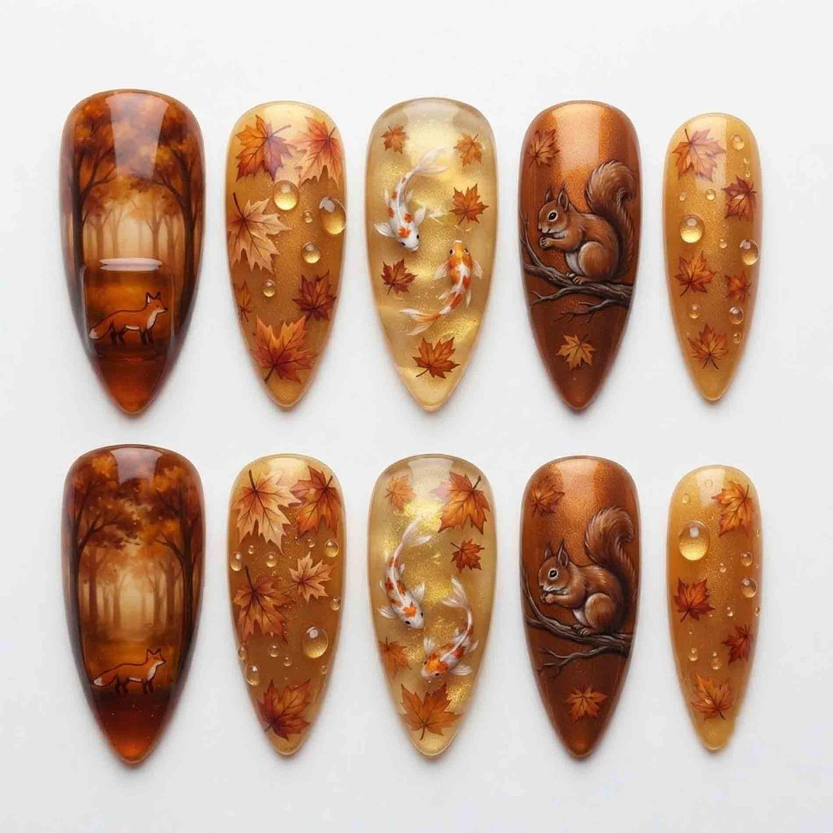 Autumn Woodland Press On Nails With Koi Fish, Squirrels, Maple Leaves and Gold-Toned Droplets