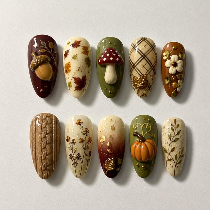 Autumn Woodland Press On Nails with Mushrooms, Acorns, Leaves and Plaid