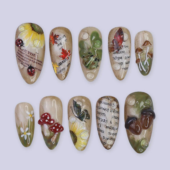Autumn Woodland Press On Nails with Mushrooms, Flowers & Vintage Text