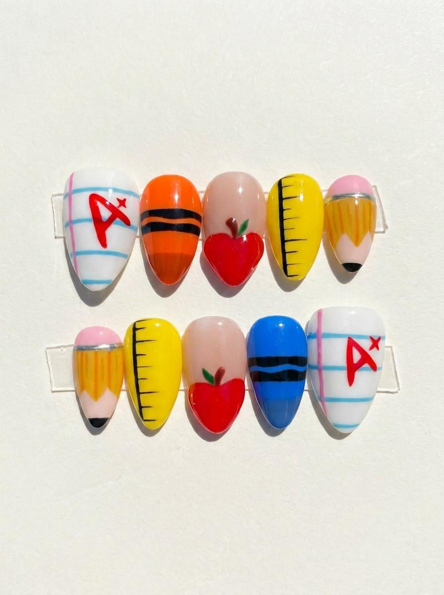 Back-to-School Apple Nail Set with Pencils, Rulers, and A+ Details