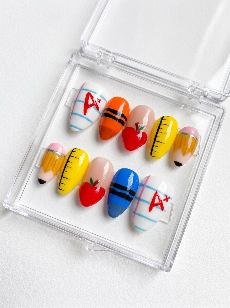 Back-to-School Apple Nail Set with Pencils, Rulers, and A+ Details