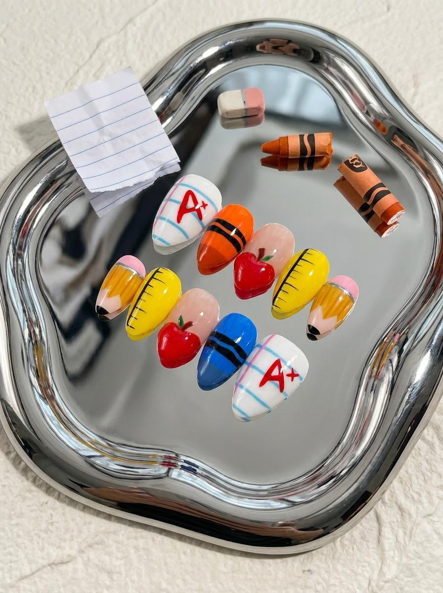 Back-to-School Apple Nail Set with Pencils, Rulers, and A+ Details