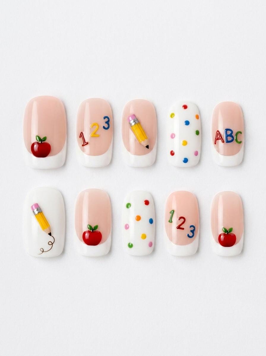 Back-to-School French Tip Press-On Nails With 3D Apples, Pencils, ABCs and Polka Dots