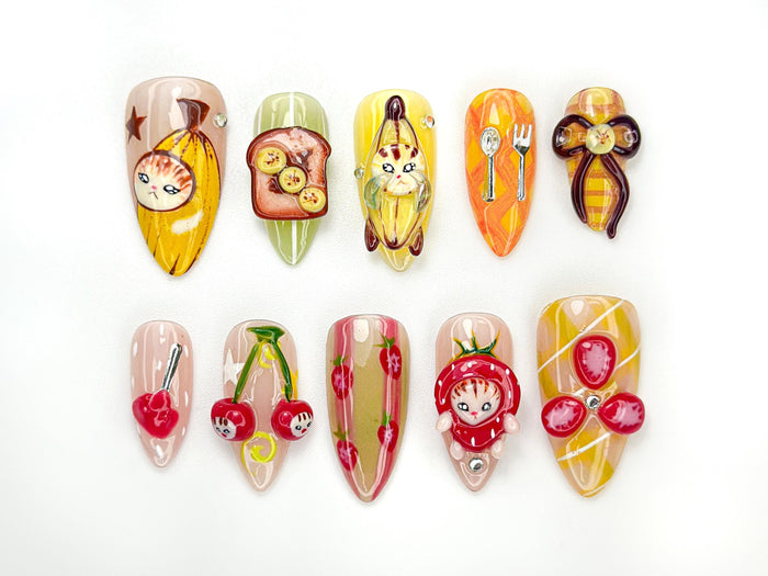 Banana Cat and Cherry Character Fruit Press On Nail Set With 3D Details