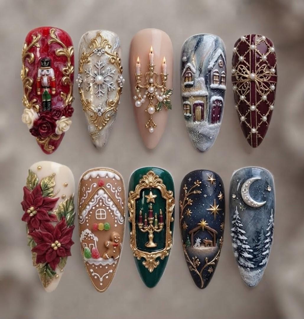Baroque Christmas Nails with 3D Nutcrackers, Gold Filigree and Winter Scenes