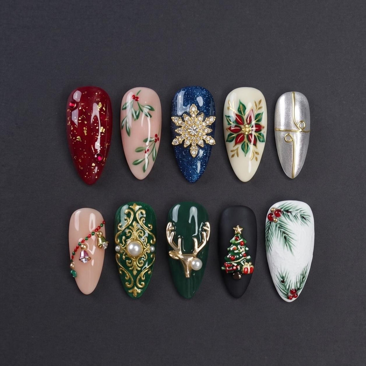 Baroque Christmas Press On Nails With Reindeer, Pearl, Gold Details and Holiday Art